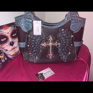 Rhinestone Cross Embroidered Carry Handbag In Teal